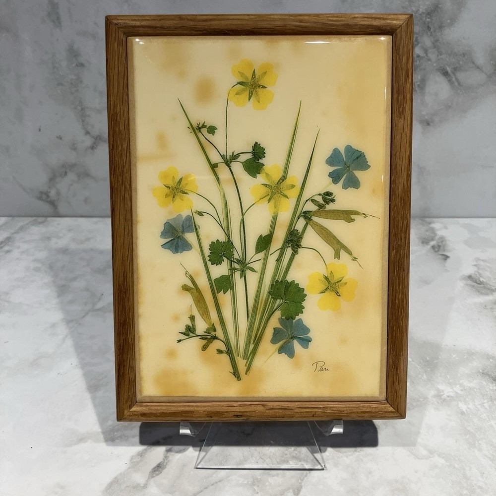 Vintage Wood Framed Floral Art Lucite Resin Art 7" Signed Pari 1960s MCM